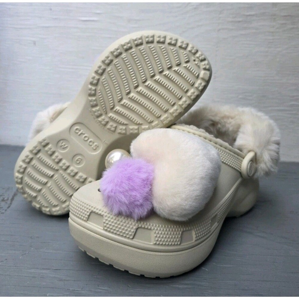 New Crocs Classic Platform Lined Charm Clog Light Bone - 210691 Women's Size 6